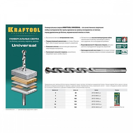 KRAFTOOL UNIVERSAL 12 х 160 мм сверло универсальное по металлу, бетону, кирпичу, керамике PROFESSIONAL